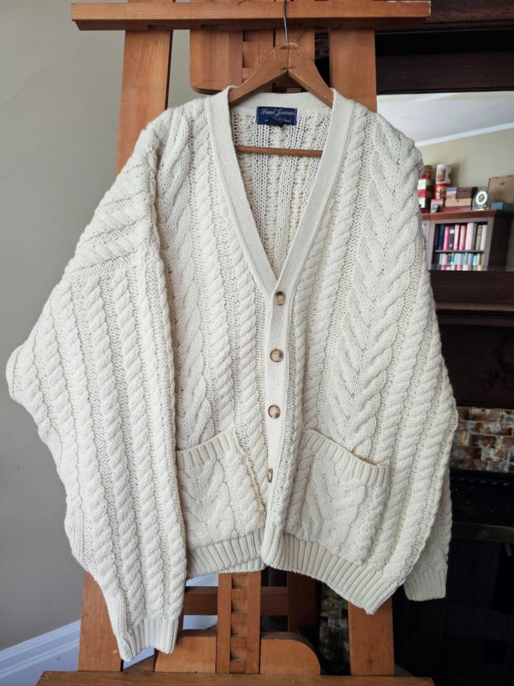 Men's L vintage Paul James cream color wool cable-knit button front cardigan